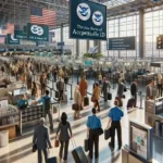 Punto de control de seguridad en aeropuerto con pasajeros mostrando diversas formas de identificación a agentes de la TSA, incluyendo pasaportes y licencias