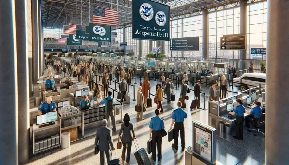 Punto de control de seguridad en aeropuerto con pasajeros mostrando diversas formas de identificación a agentes de la TSA, incluyendo pasaportes y licencias