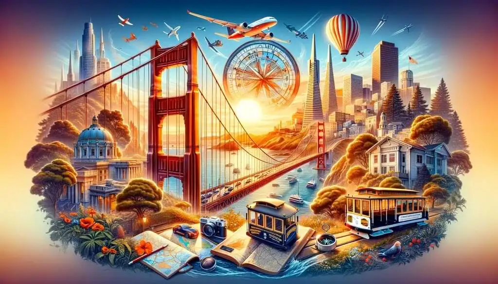 Paisaje vibrante de San Francisco al amanecer, mostrando el Puente Golden Gate, tranvías, la Isla Alcatraz y el horizonte urbano