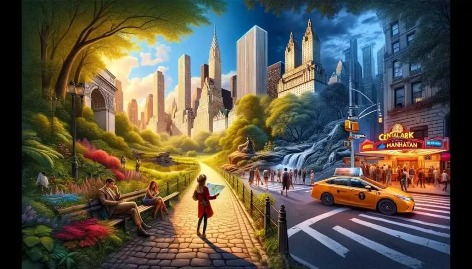 Turista consultando un mapa en Central Park con camino que lleva a Manhattan, mostrando rascacielos icónicos y taxis amarillos en un día soleado