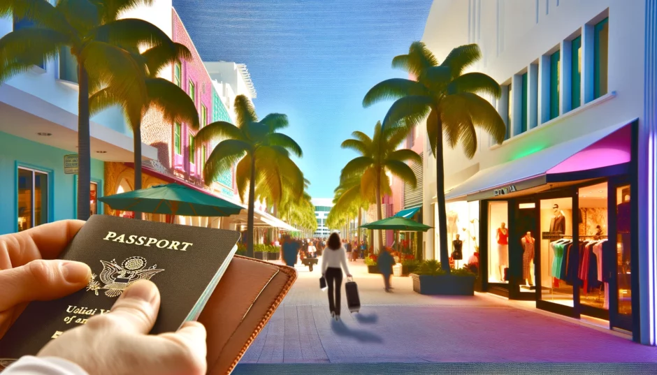 Mano sosteniendo un pasaporte con el fondo de una calle soleada y concurrida de Miami, llena de palmeras y tiendas
