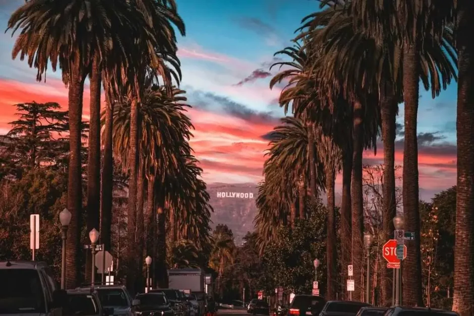 Vista de una calle con palmeras y autos estacionados al atardecer, con el icónico letrero de Hollywood en el fondo bajo un cielo rojizo