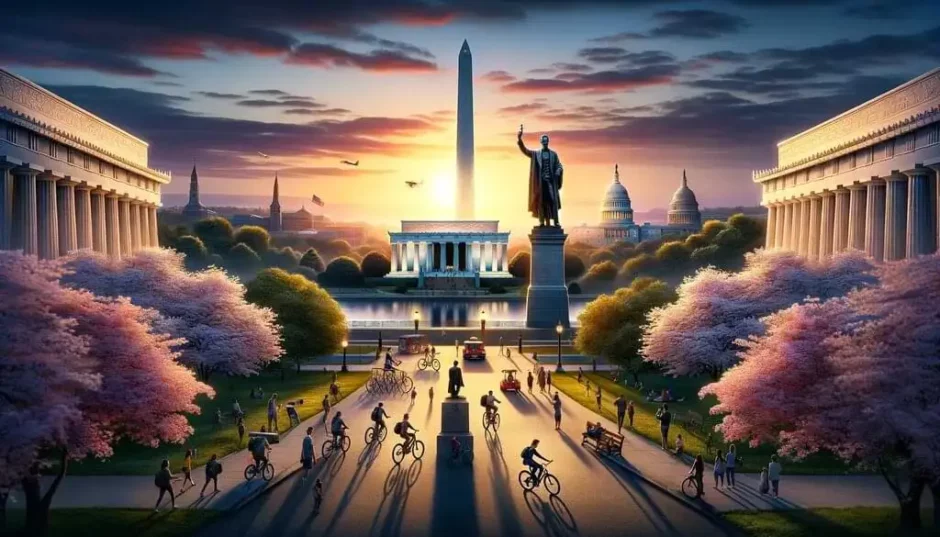 Imagen panorámica al amanecer de Washington D.C. mostrando el Monumento a Lincoln, el Monumento a Washington, cerezos en flor, turistas en bicicleta y la cúpula del Capitolio