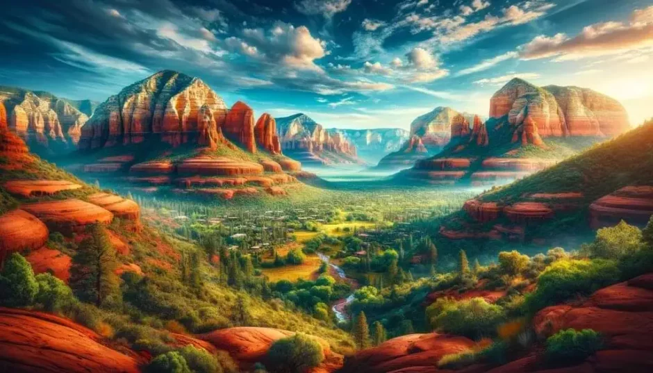 Vista panorámica de Sedona, Arizona, con formaciones rocosas rojas, vegetación verde y cielo azul claro, reflejando su belleza y energía espiritual única